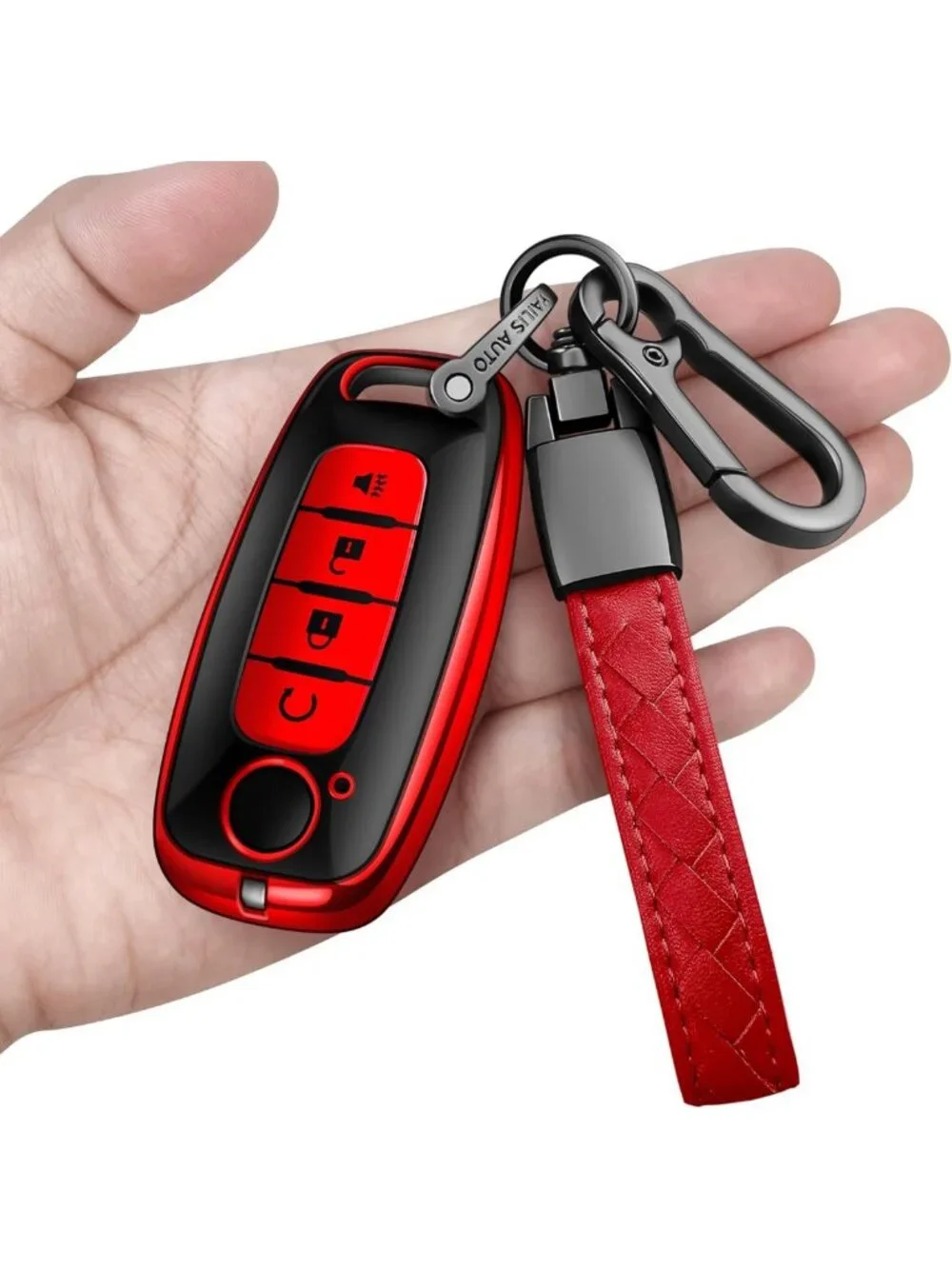 Red Leather Key Fob Cover with Soft TPU Protection for Nissan Pathfinder Rogue